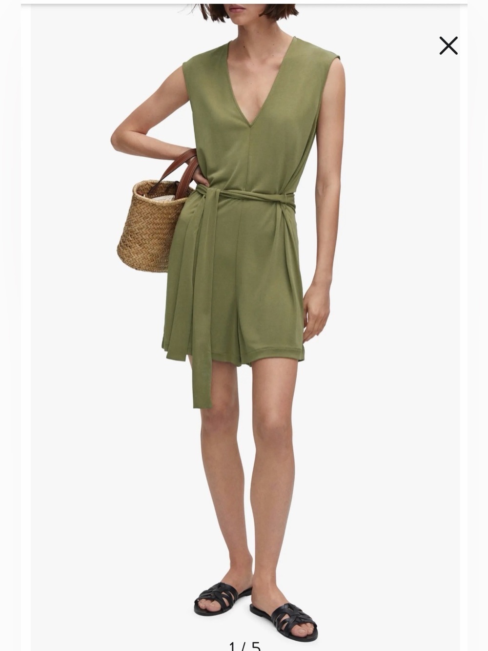 Mango Olive Green Sleeveless V-Neck Tie Waist Romper Large